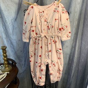 GAP Pink Floral Romper Long Sleeve Long Leg Snap Crotch Gathered Ankle Cotton